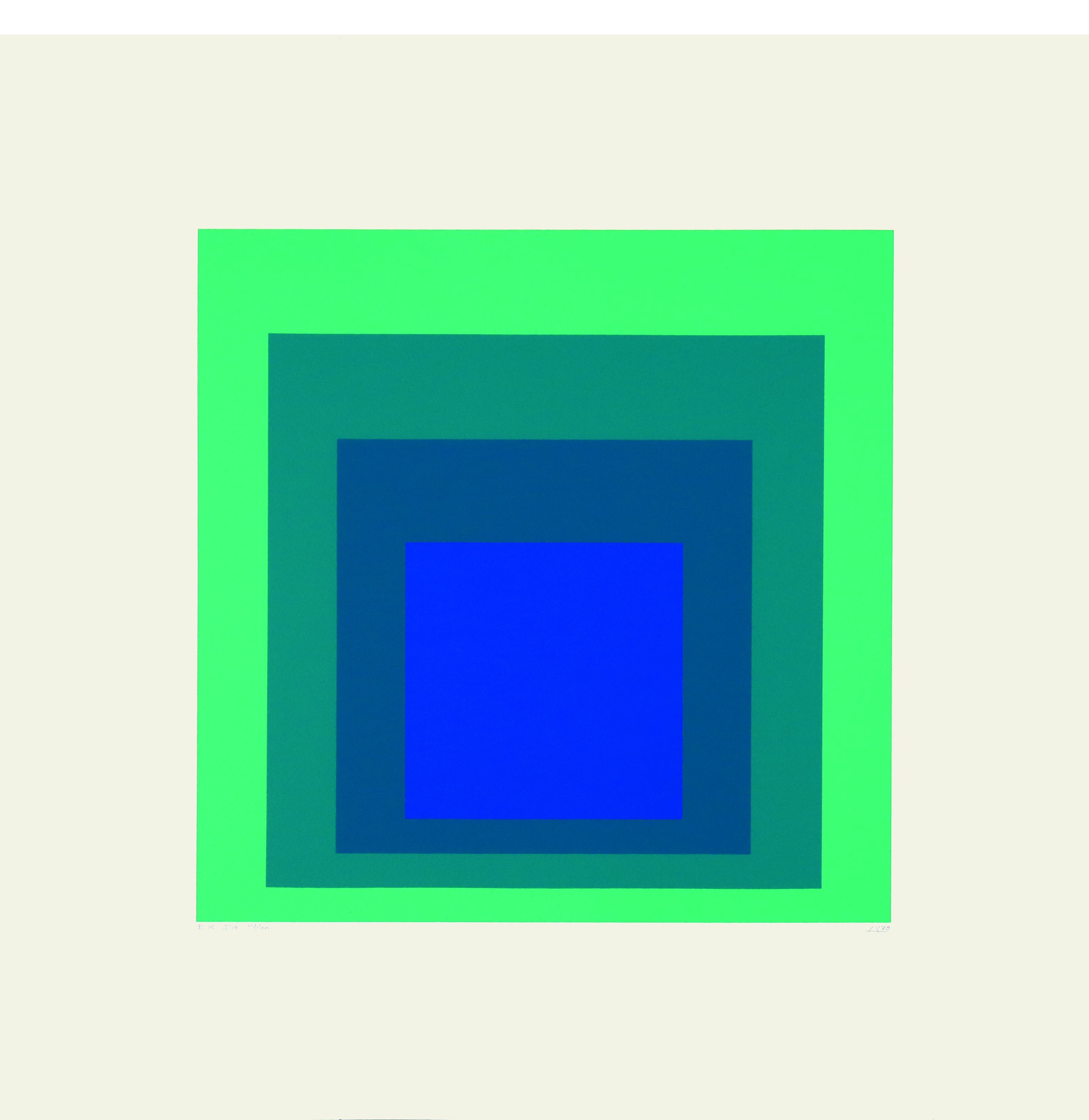 blue and green squares staggered against a white background