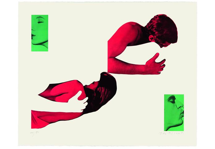 a collage in which two pictures of people kissing have been separated and inserted next to each other out of place.