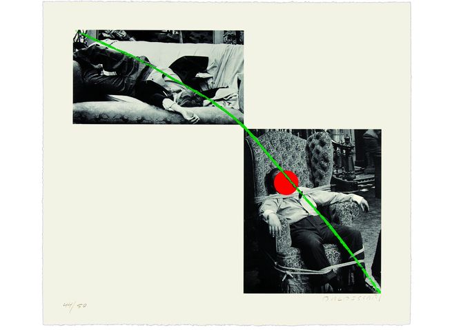 male figures on sofa and armchair crossed by green line