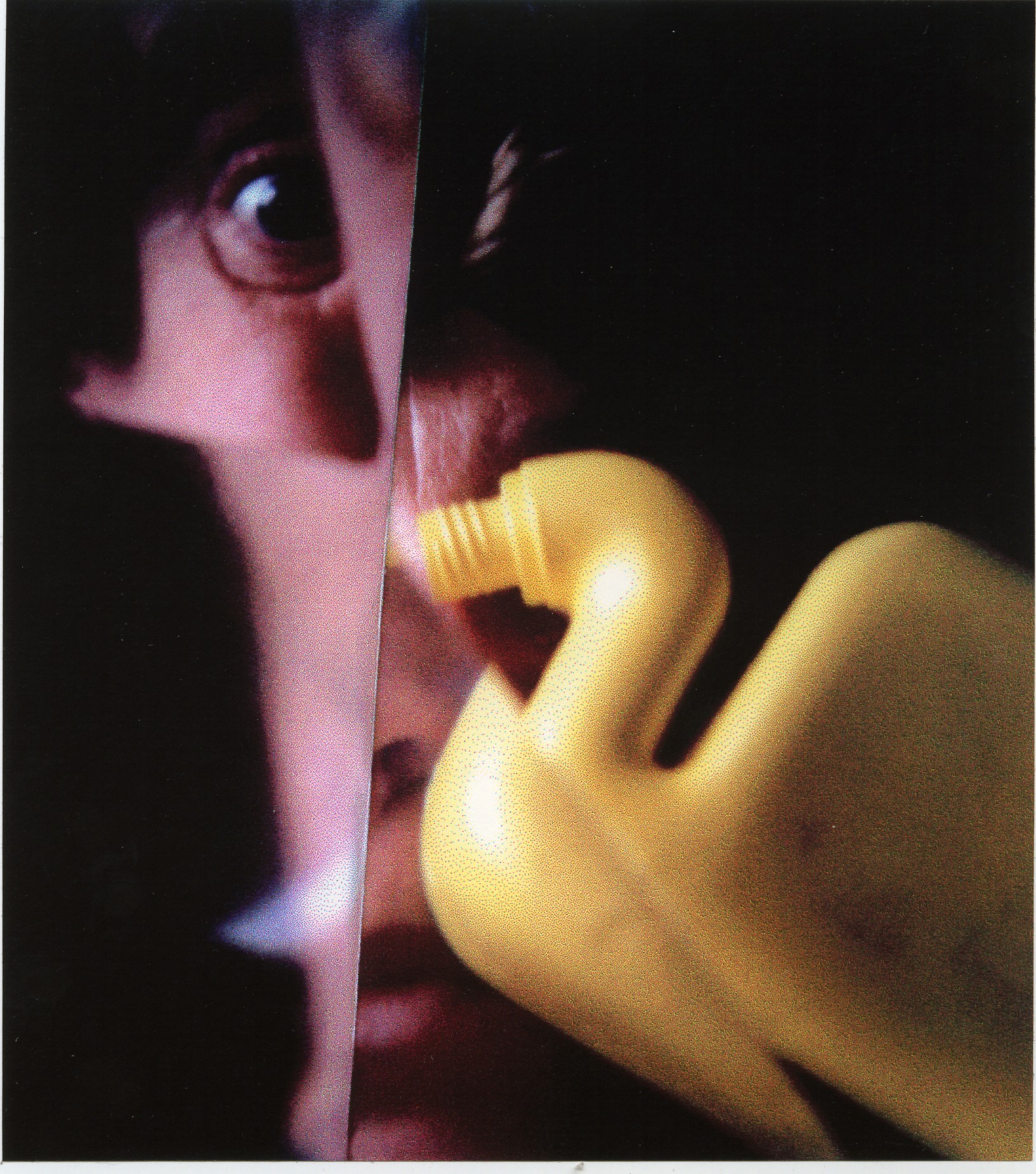 fragmentarische Fotografie eines Gesichts und einer gelben WC-Ente