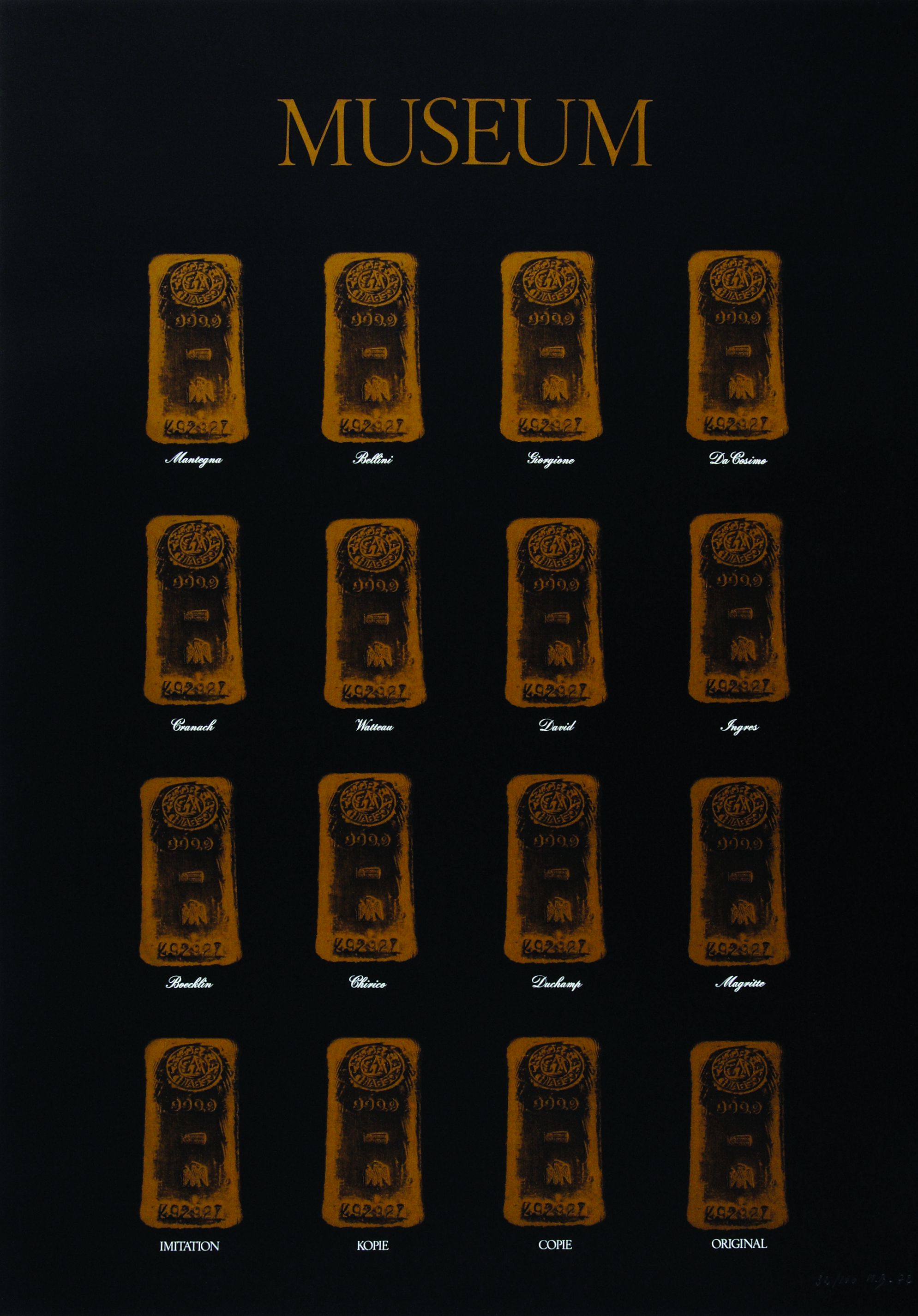 The word museum, sixteen gold bars and text on a black background