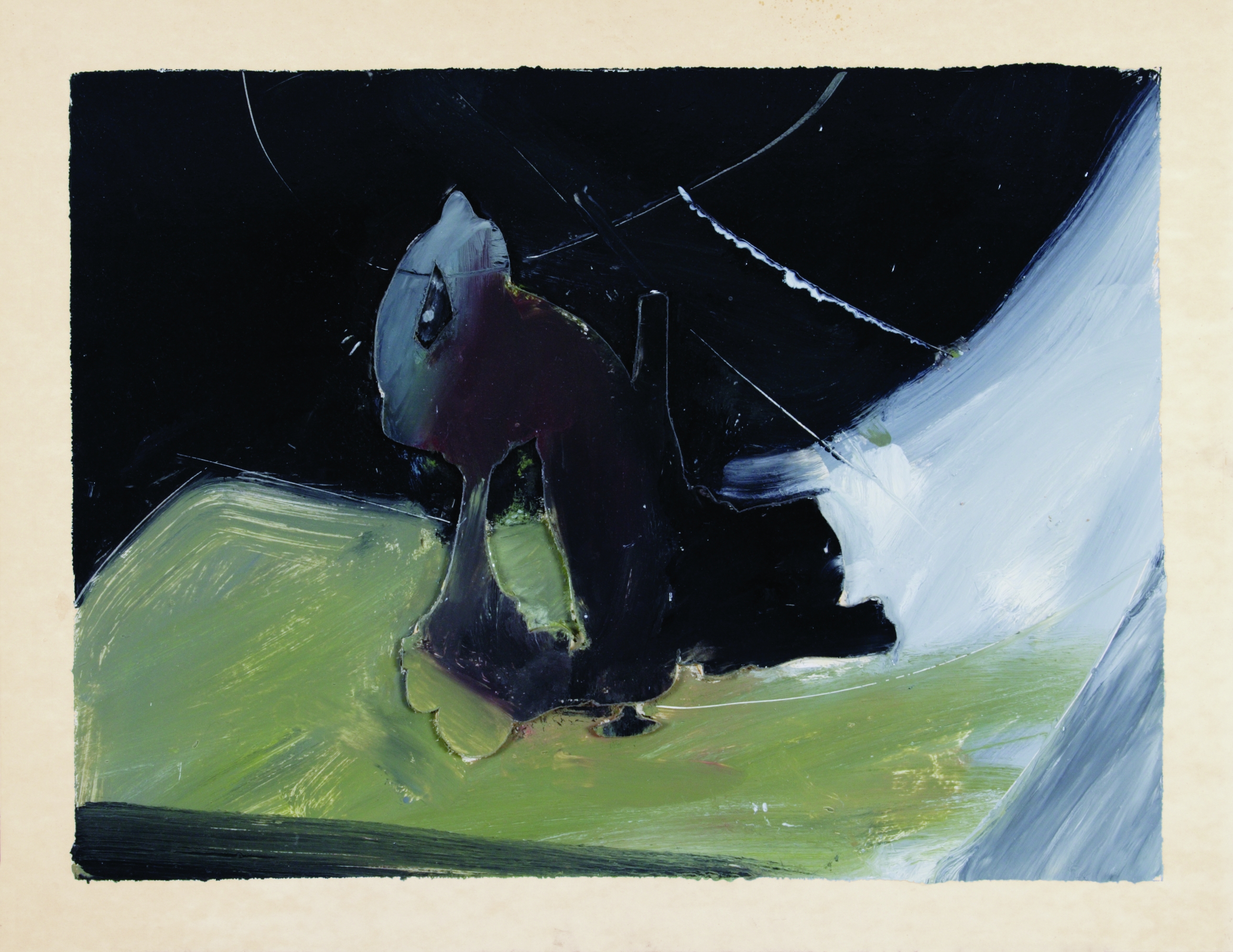 Dark, heavily alienated depiction of a still life with fruit bowl and bottle in the colours white, green and black