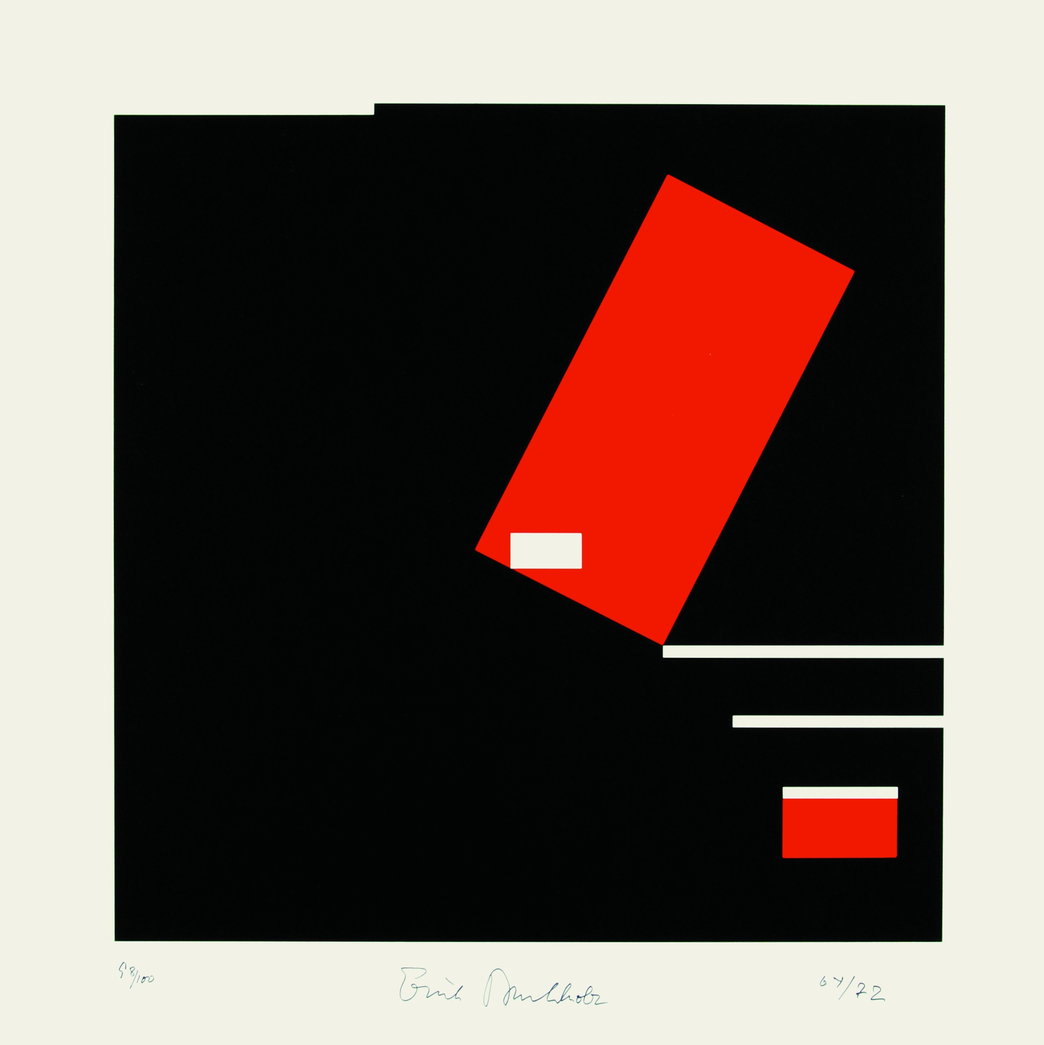 Composition of red rectangles and white lines on a black background