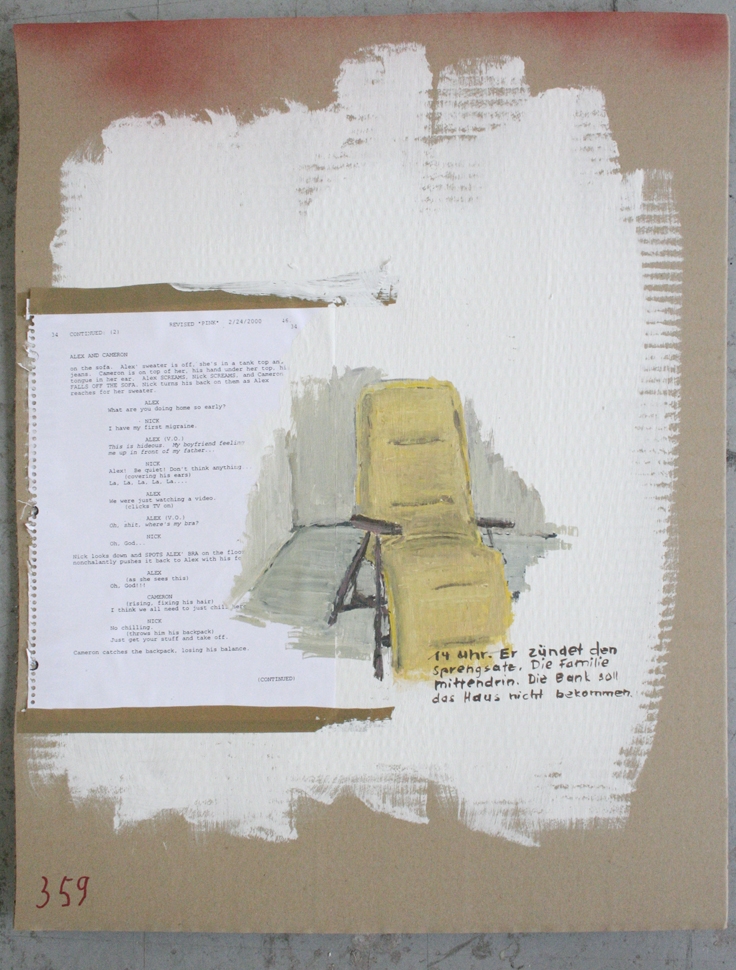 A collage on cardboard with paper elements and painted parts, such as a deckchair
