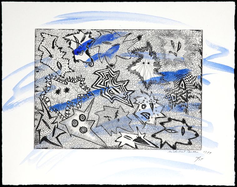 Ein Gemälde aus schwarzen Linien, die verschiedene Formen erzeugen mit unterschiedlichen Motiven, wie Augen oder Sternen. Über das Bild sind blaue Striche verteilt. 