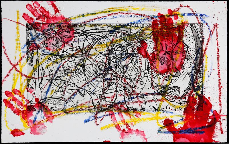 A painting with black lines, some of which show faces, as well as colourful lines and red handprints spread across the entire picture.