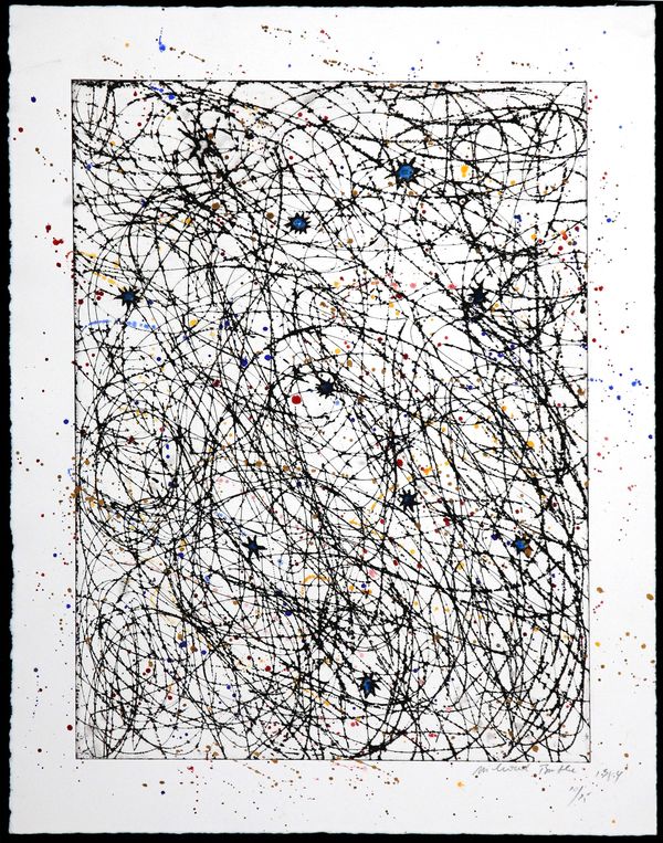 Ein Gemälde aus schwarzen, wellenartigen Linien, die sich über das ganze Bild ziehen. Es lassen sich auch bunte Farbspritzer und blaue Sterne/kleine Sonnen erkennen. 