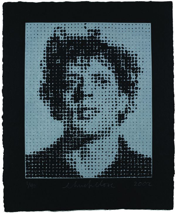 The portrait of a man with black colour and blue background. The portrait consists of many black dots and spots and has a black border