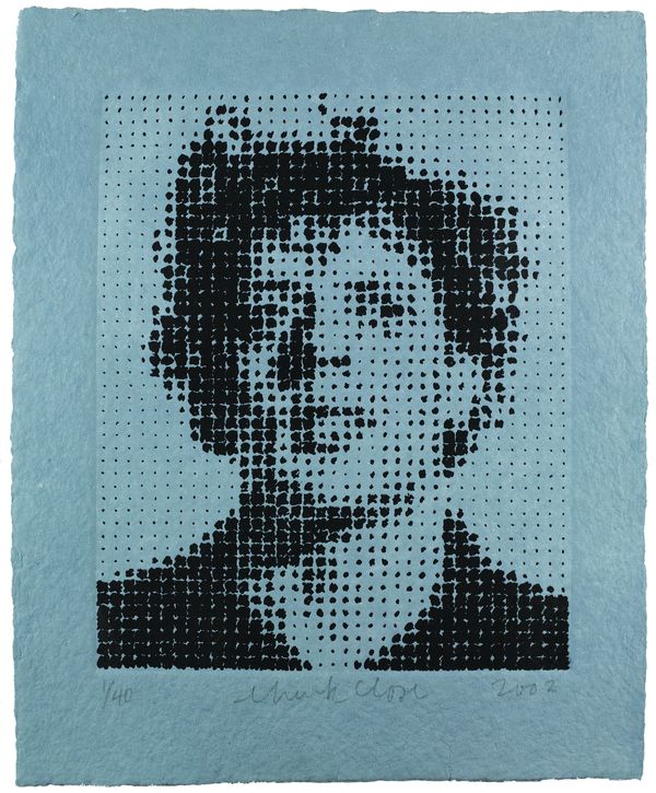 The portrait of a man with black colour and blue background. The portrait consists of many black dots and spots and has a blue border