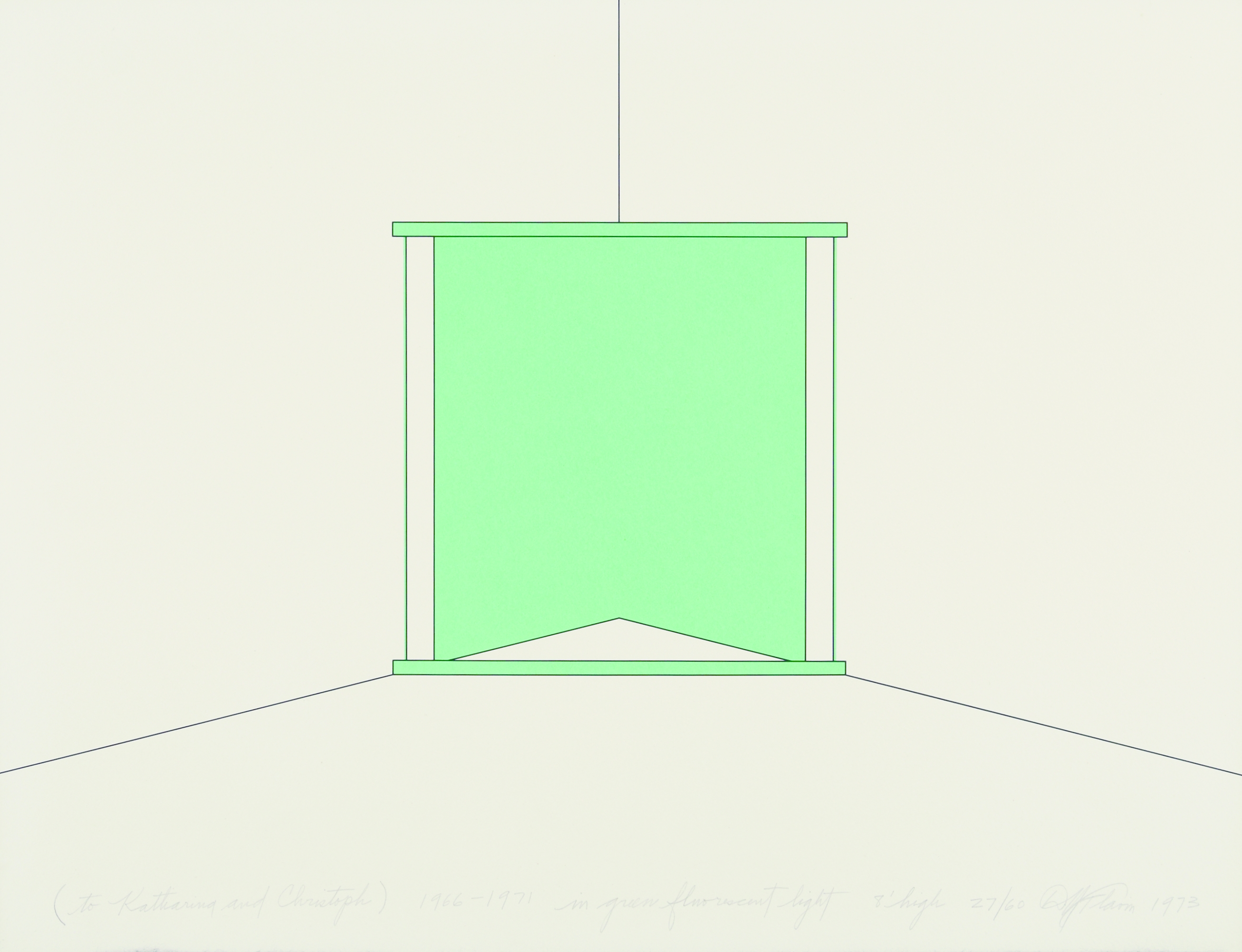 A drawing of an installation of lights in a corner. The light is green