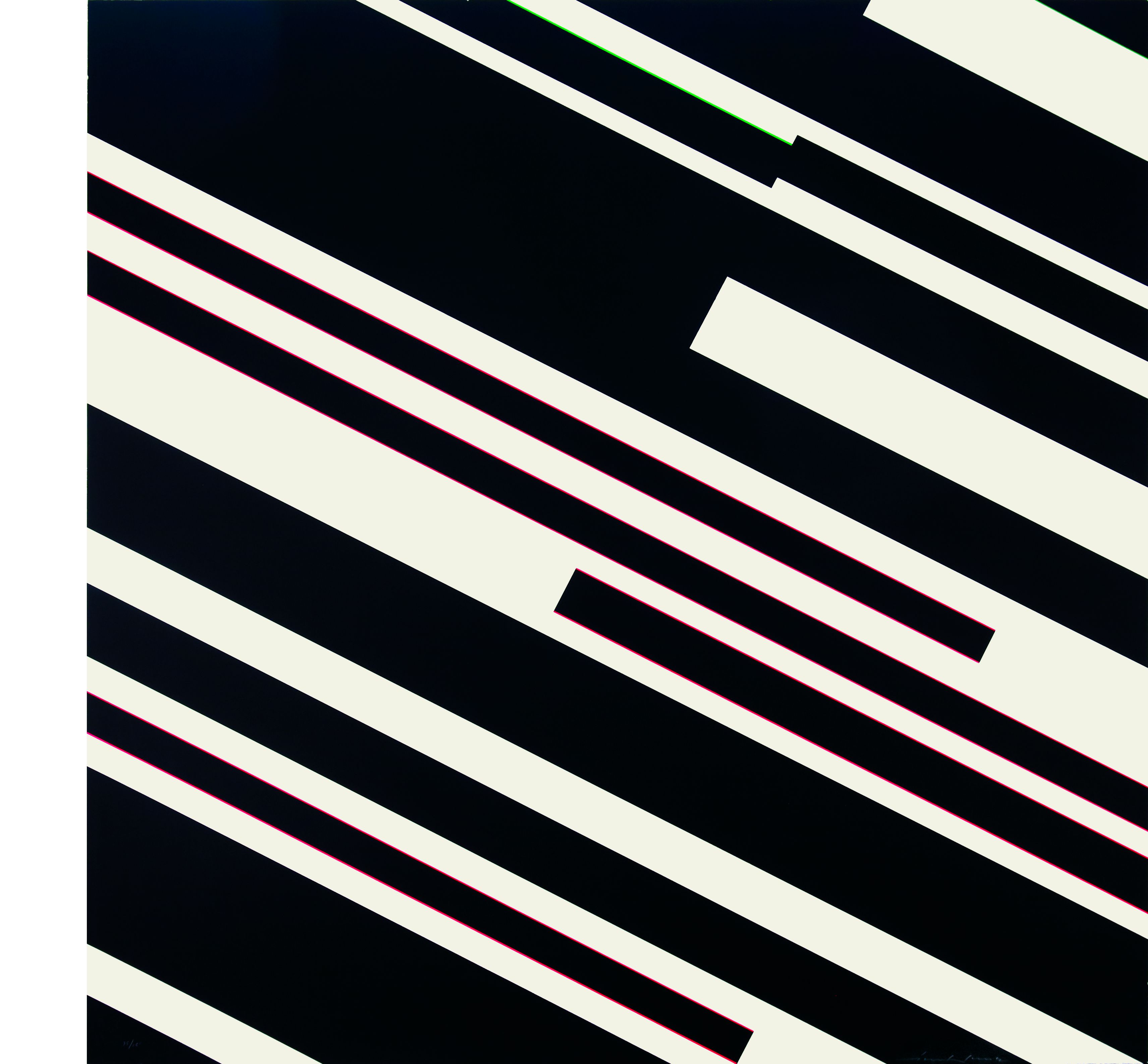 A picture of diagonal stripes of different widths and colours. The stripes run from top left to bottom right. The colours are mainly black and white, but the stripes have small ‘shadows’ in the colours red, pink and neon green.  