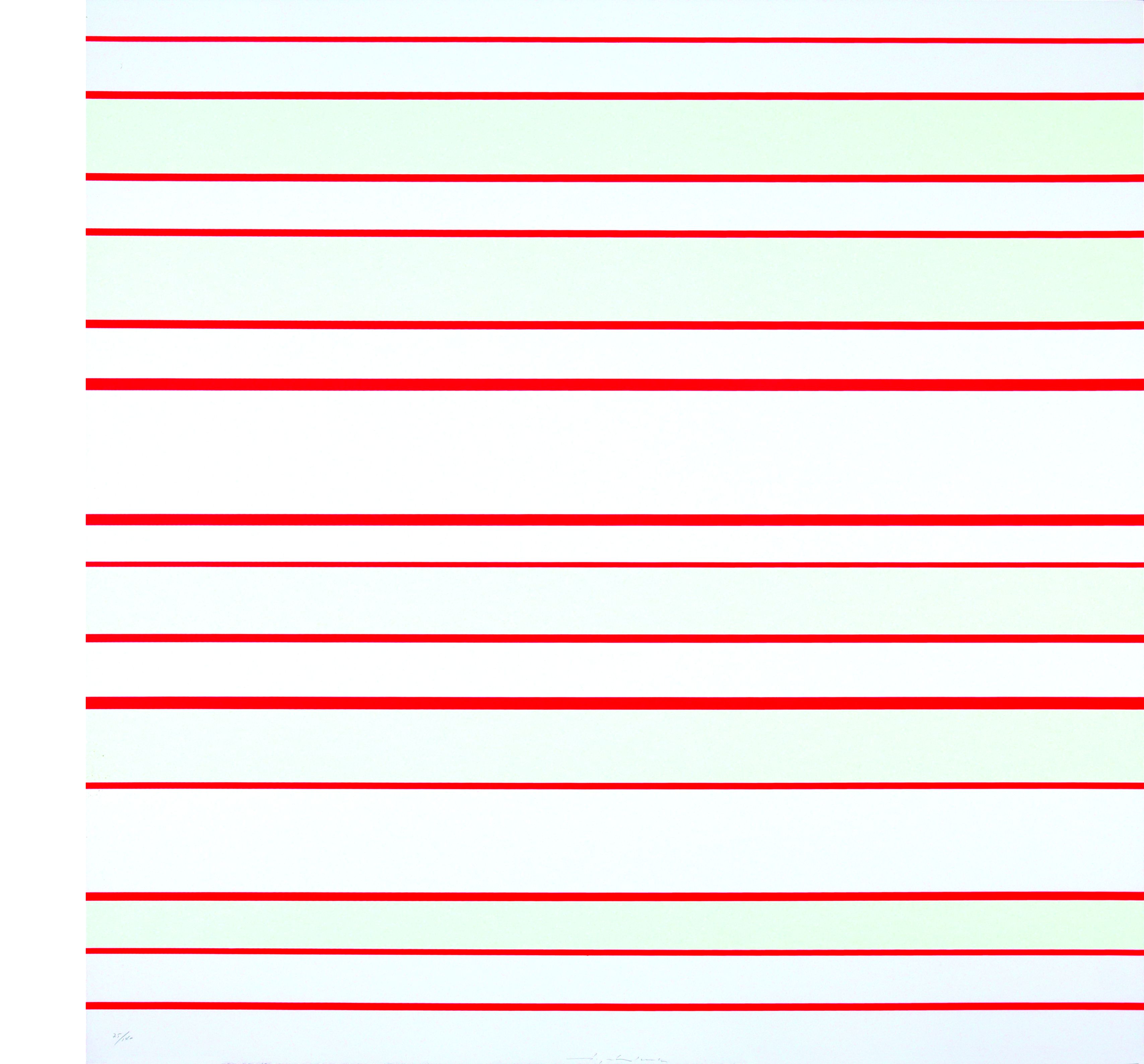 A picture made up of horizontal, colourful stripes of different widths. The stripes are in the colours red, white, pastel green and pastel blue. 