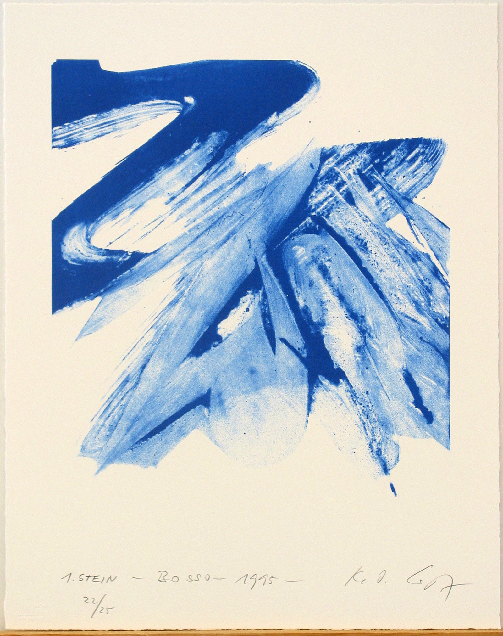 A painting with broad dark blue brushstrokes on a white background.