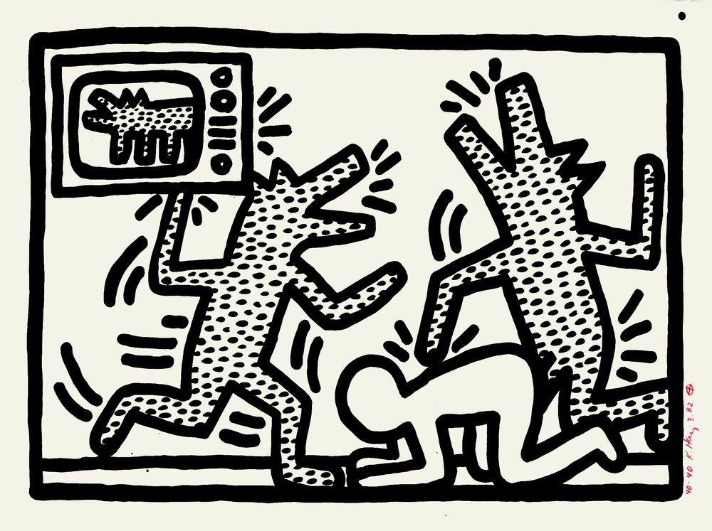 A white picture with black motifs. Dogs and a television can be recognised, among other things.