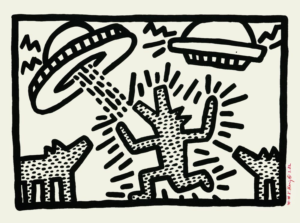A white picture with black motifs. Dogs and UFOs (unknown flying object) are recognisable, among other things.