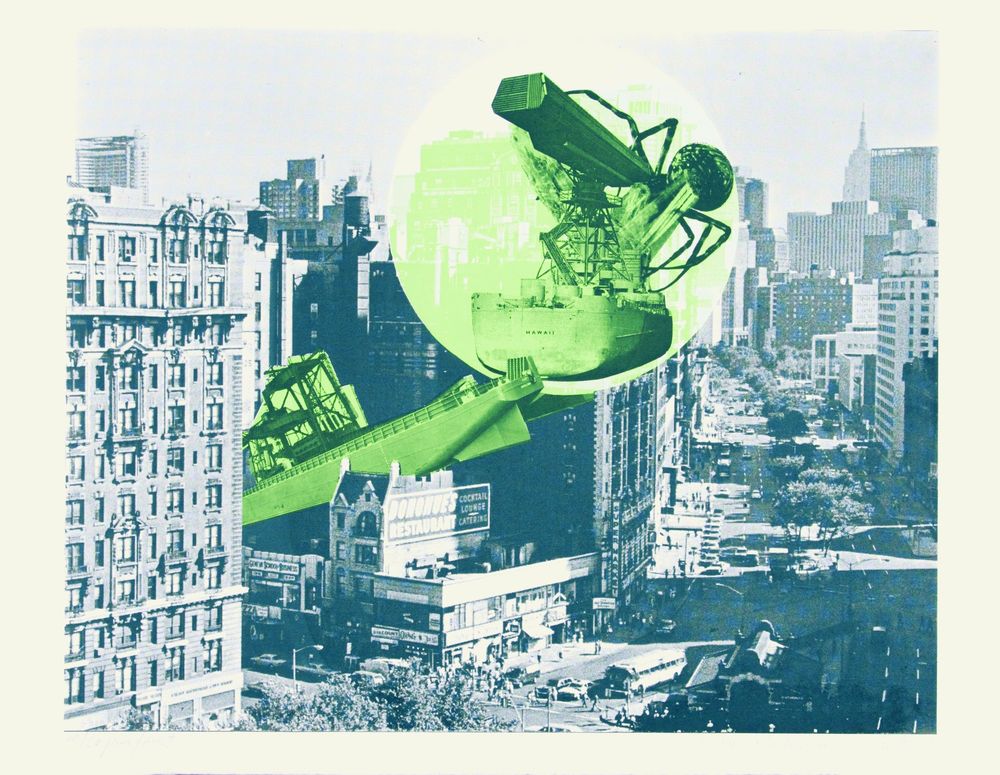 The work consists of an old photograph and another photograph that has been inserted into the picture. The photograph is bluish in colour and the inserted photo is green.
