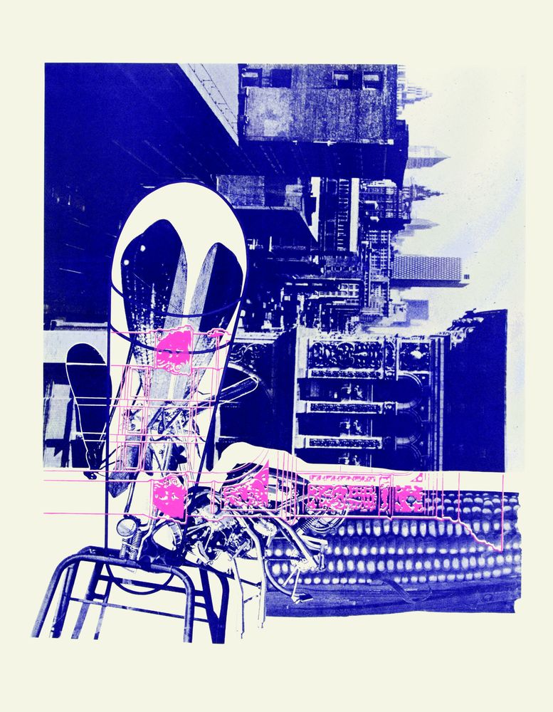 The work consists of an old dark blue photograph and pink and white drawings that blend into the picture.