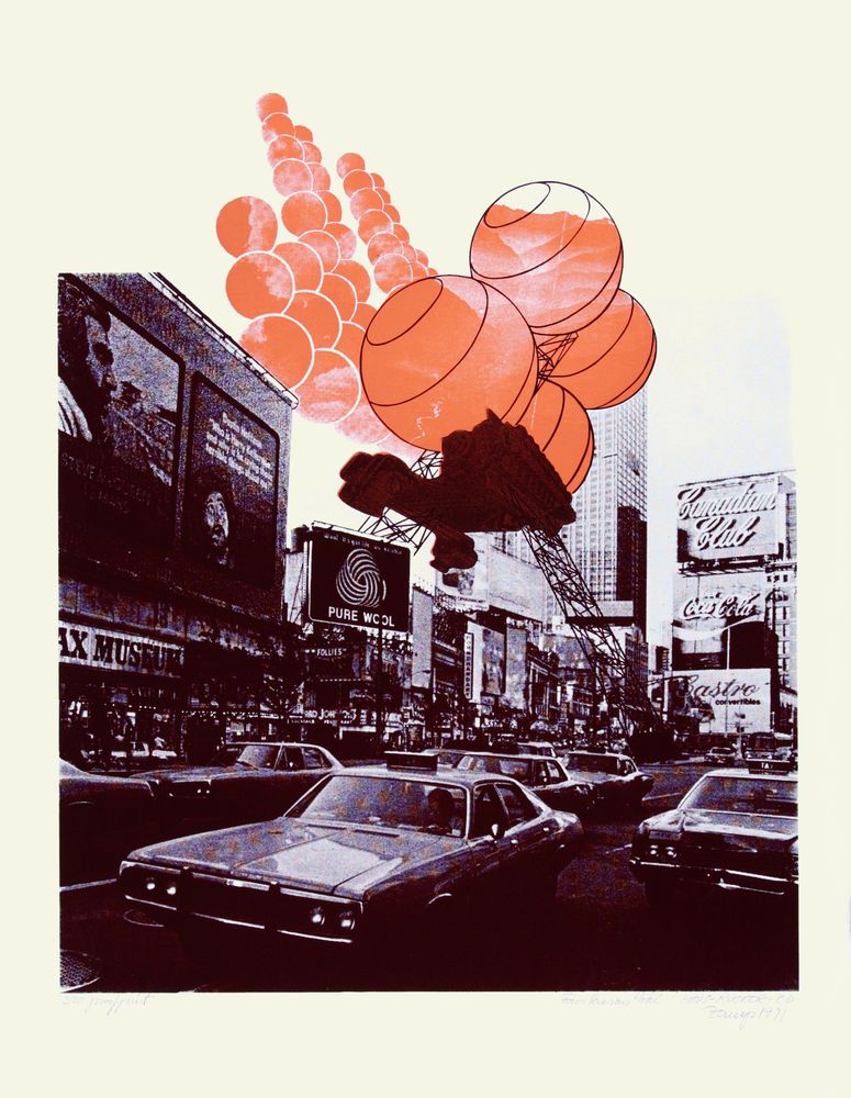 The work consists of an old photograph and a drawing that fits into the picture. The photograph is black and white and the drawing is orange.