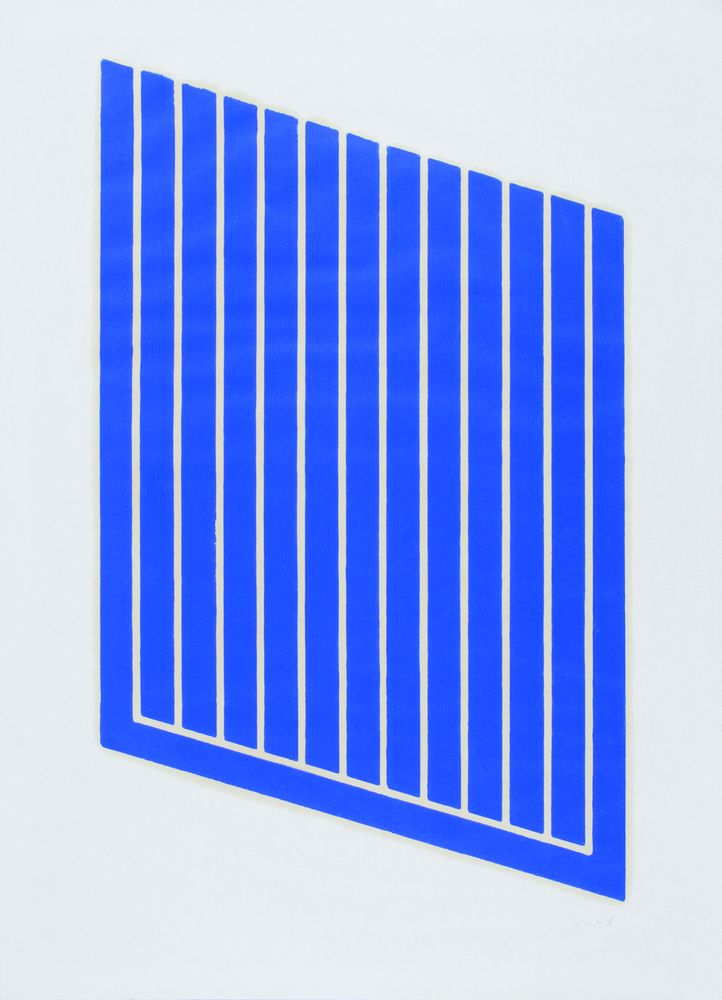 The picture has a white background. In the centre is a blue square consisting of various stripes.