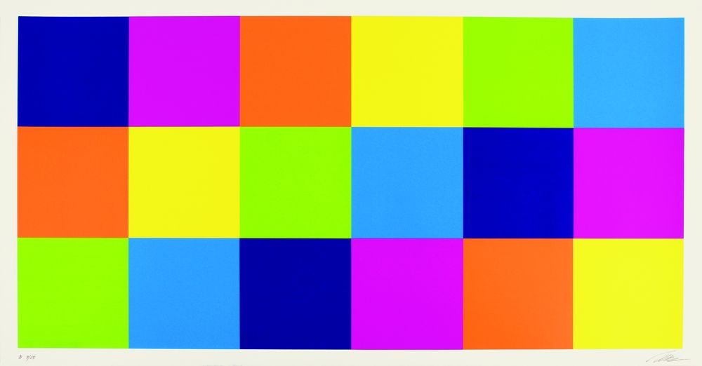 A picture with lots of small colourful squares. The squares are yellow, green, light blue, dark blue, purple and orange.