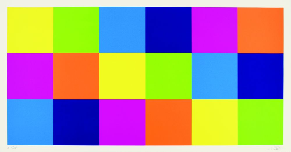 A picture with lots of small colourful squares. The squares are yellow, green, light blue, dark blue, purple and orange.