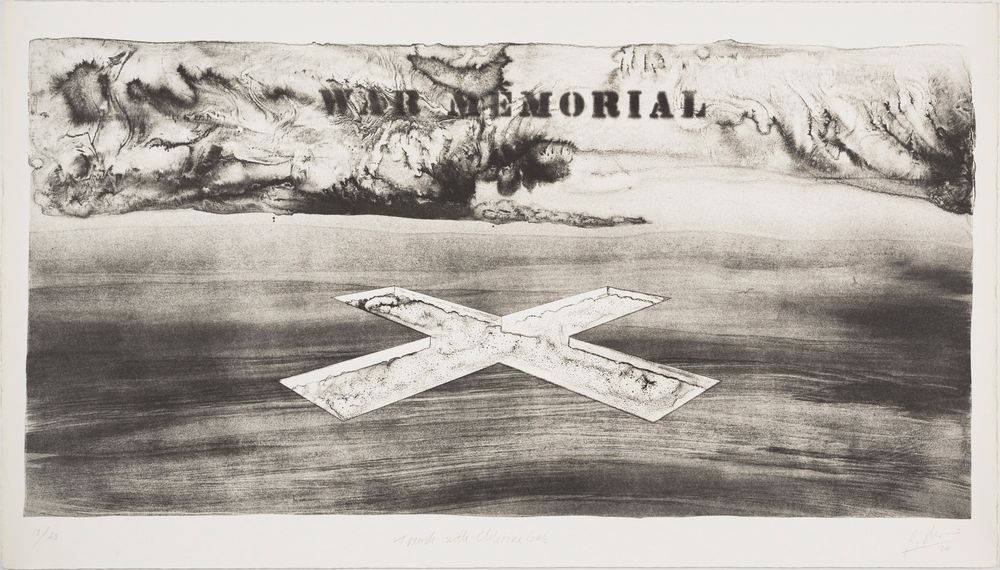 A black and white picture. In the upper part it says ‘War Memorial’. In the lower part you can see a cross.