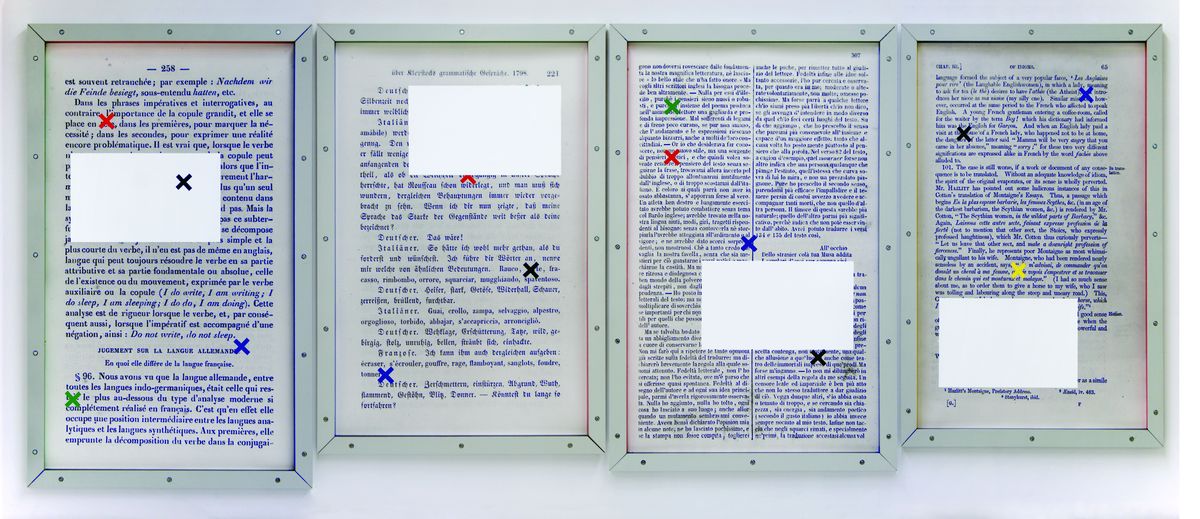 The picture consists of four rectangular boxes with texts. There are different coloured crosses and white rectangles on the texts. This means that the text cannot be read in full. 