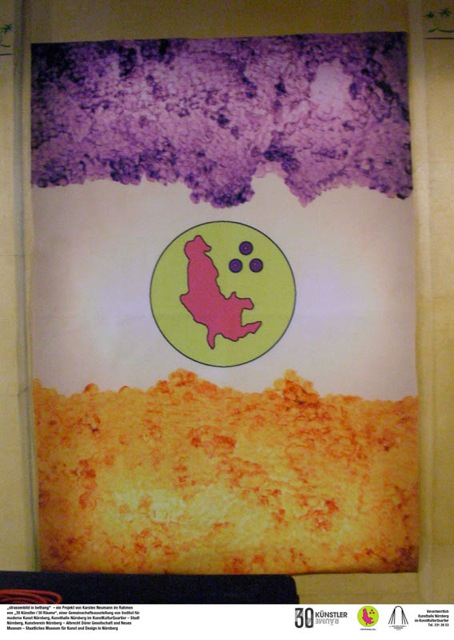 A photo with a large rectangle in the centre. The rectangle is coloured purple at the top and orange at the bottom. In the centre is a yellow circle with an abstract red shape and three purple dots. 