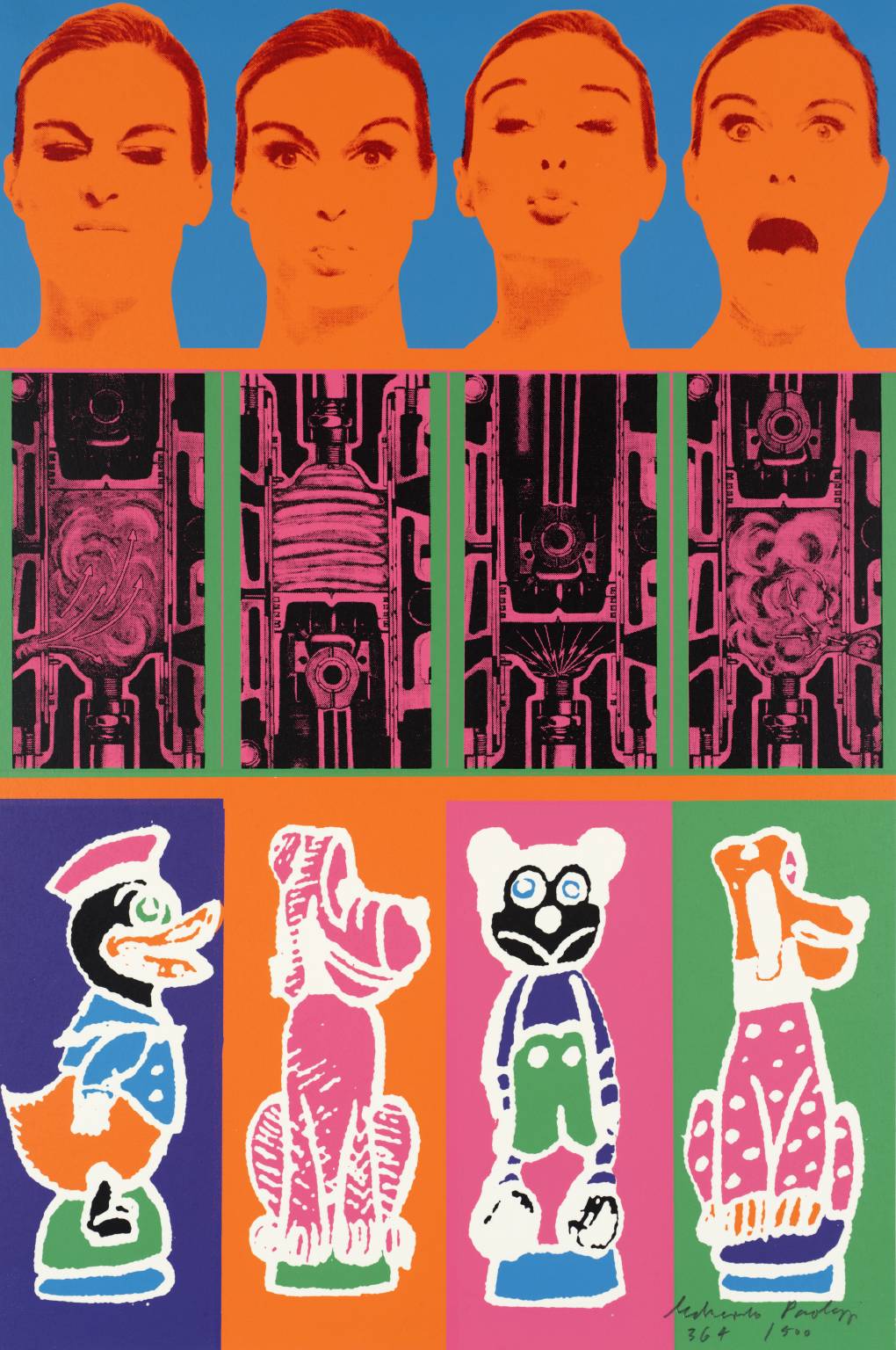 The picture is divided into three parts. At the top is a blue stripe with orange faces. Below this is a green stripe with pink objects. At the bottom is a colourful stripe with various drawn animals.