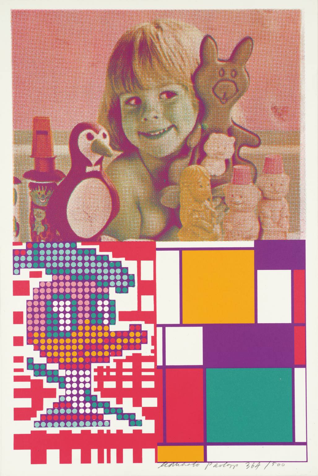 The picture is divided into three parts. The picture in the top half shows a child with its toys. On the left-hand side of the lower half is a duck made up of dots. It seems to represent Donald Duck, a cartoon character duck with a blue cap and big eyes. On the right-hand side of the bottom half are many different colourful squares separated by purple lines. 