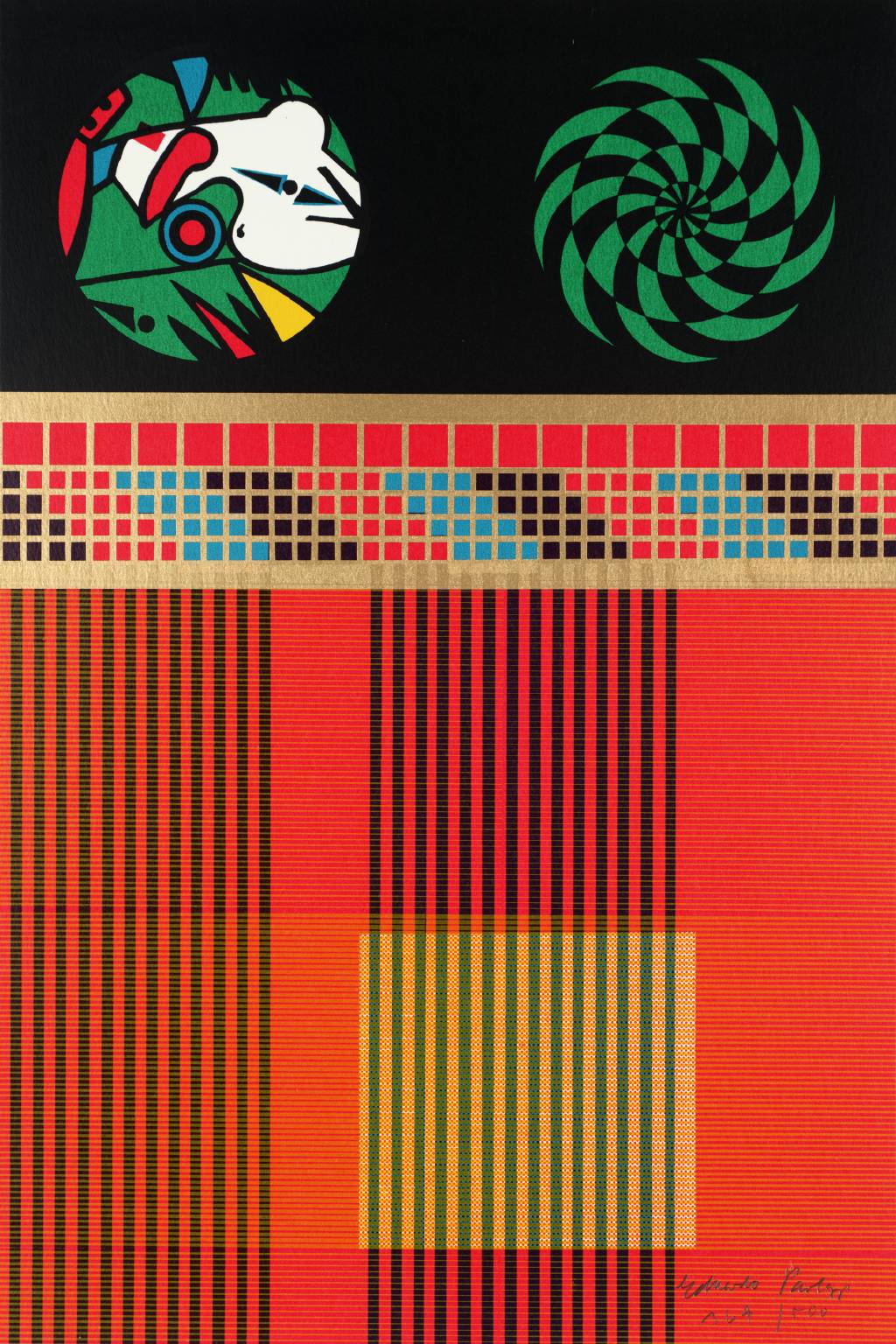 The picture is divided into three parts. At the top is a wide black stripe with two colourful circles. Below this is a golden stripe with many small coloured squares. Below that is a large red area with long thin black stripes.
