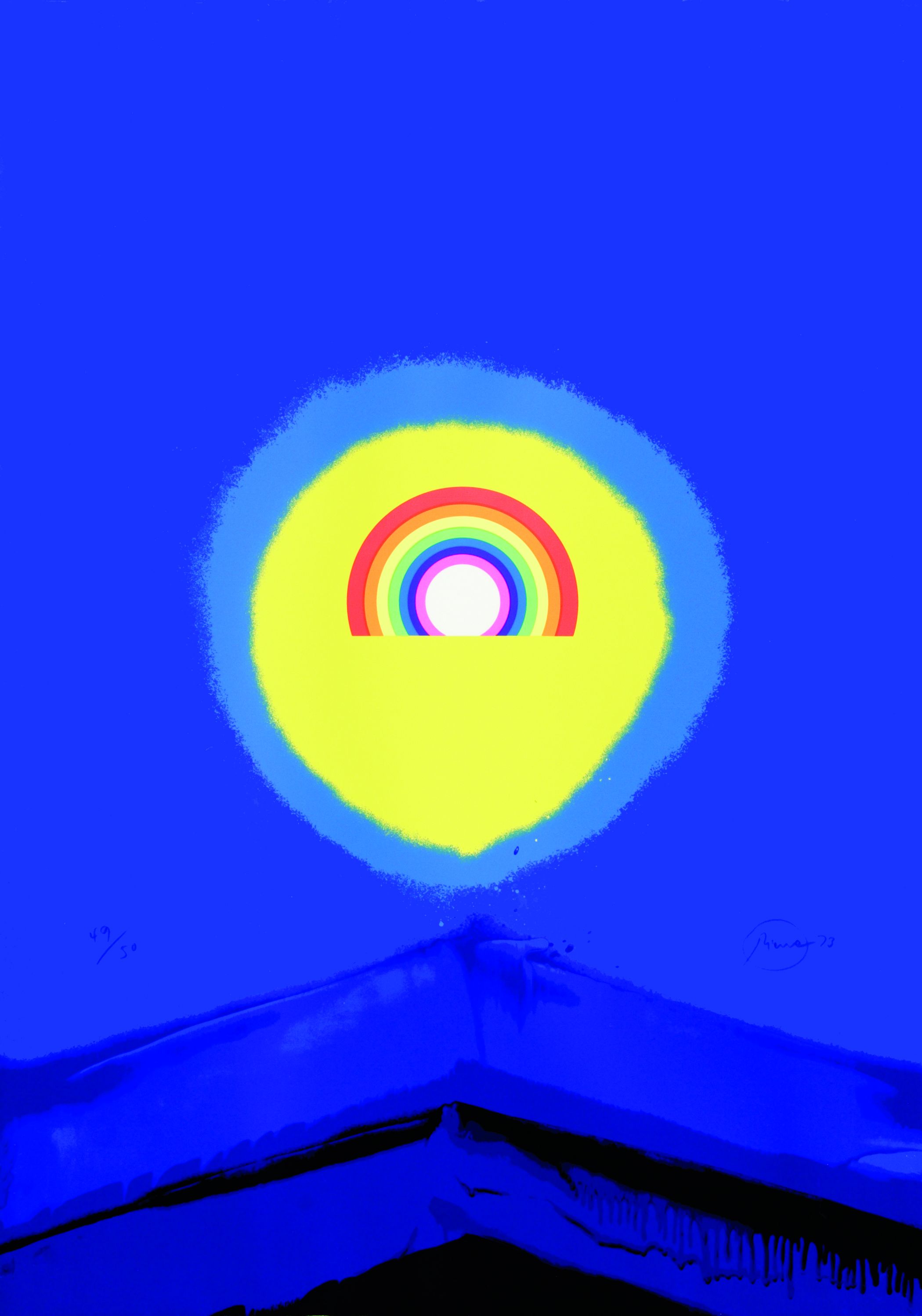 There is a yellow circle in the centre of the picture. In the centre is a rainbow-coloured part of a circle. The picture has a blue background. 