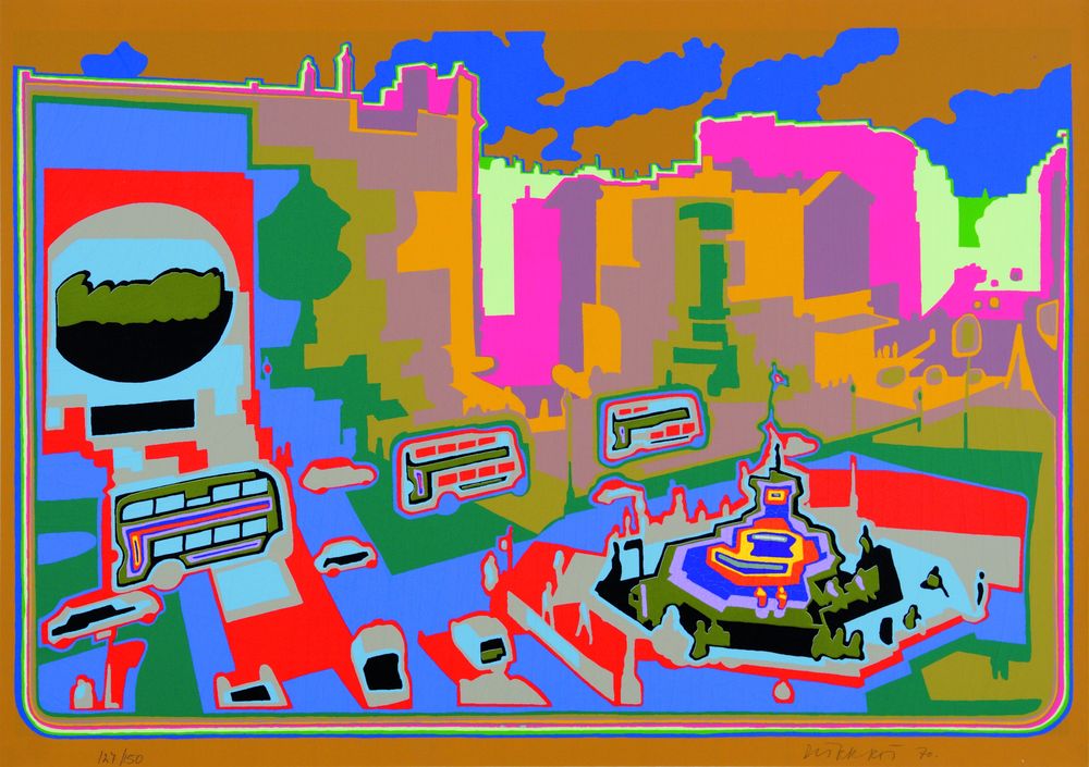 A painted picture of a city. It is colourful and not true to life. 