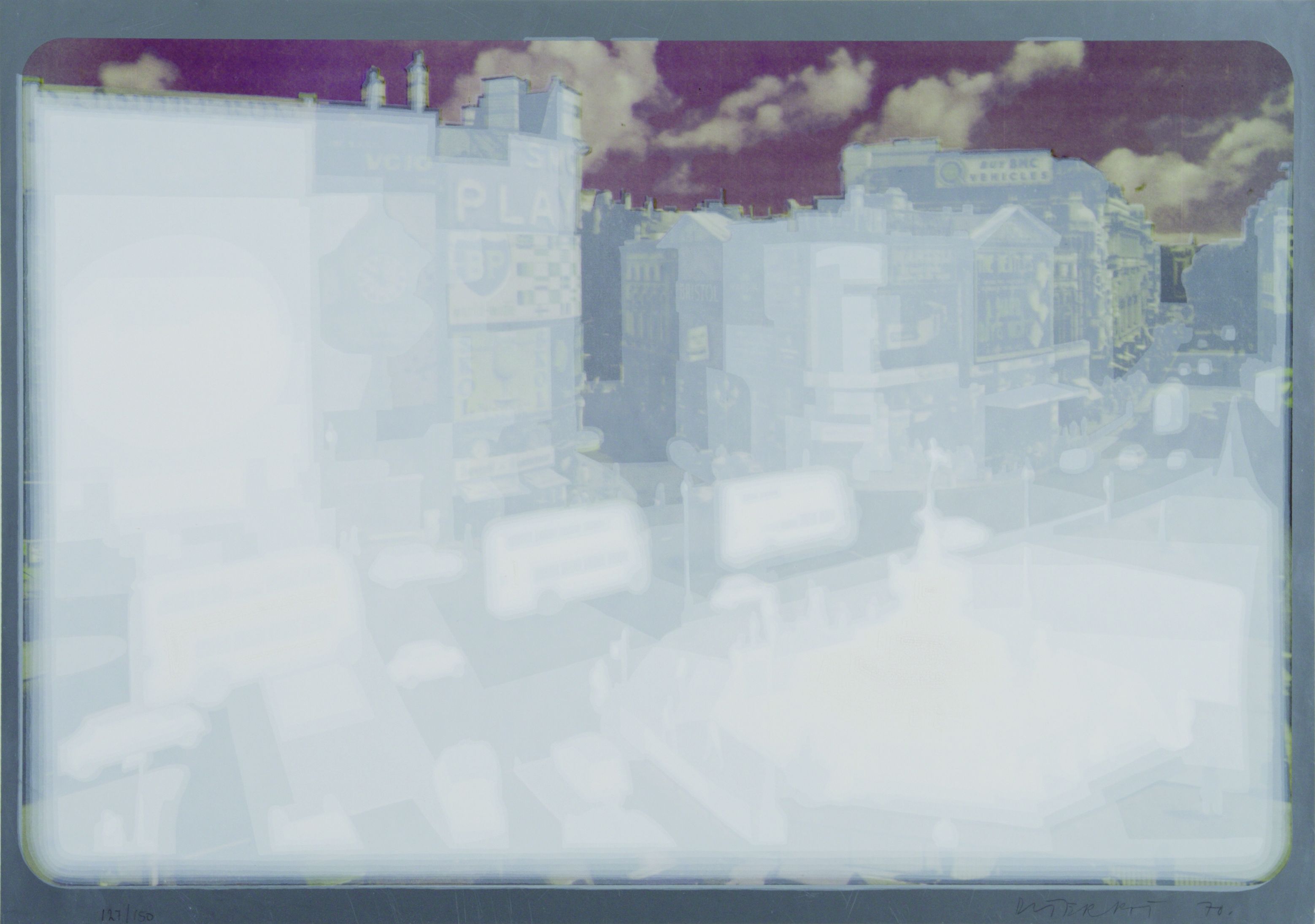A painted picture of a city. It is not lifelike and in the colours white, light blue and purple.