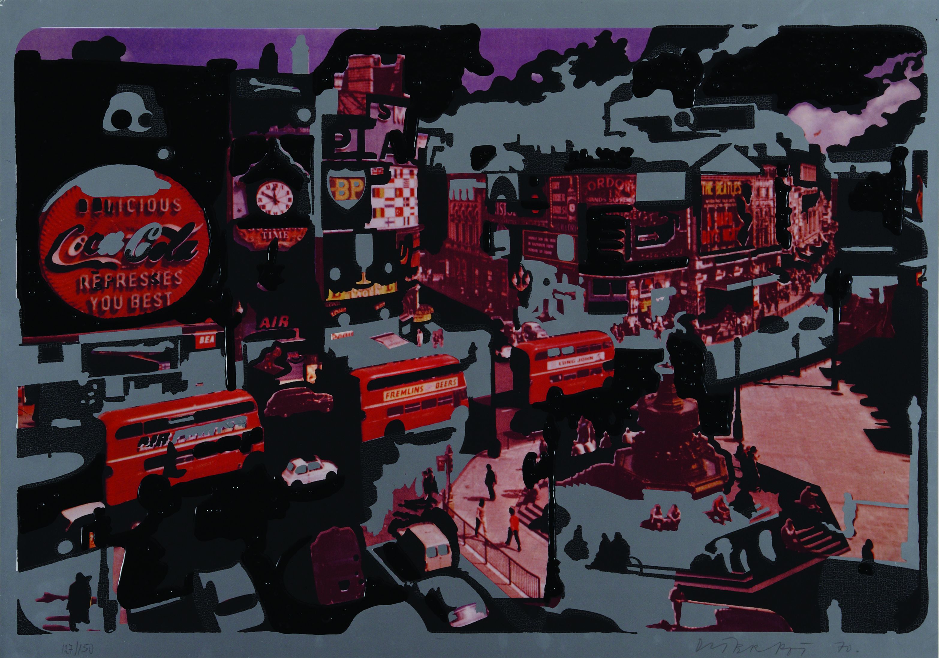 A painted picture of a city. It is colourful and not true to life.