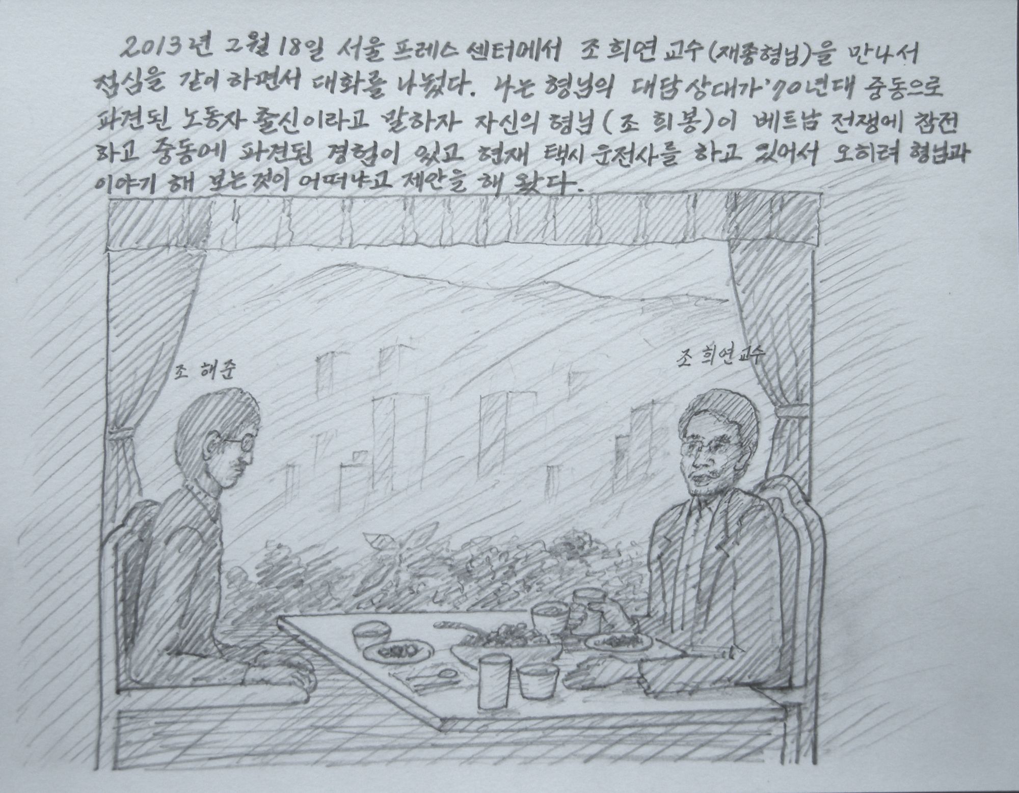 A pencil drawing of two people at a table. There are characters in the picture.