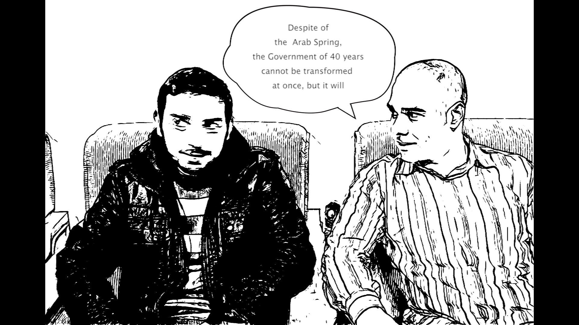 A drawing of two men sitting in an armchair. The one on the right has a speech bubble with English text above his head.