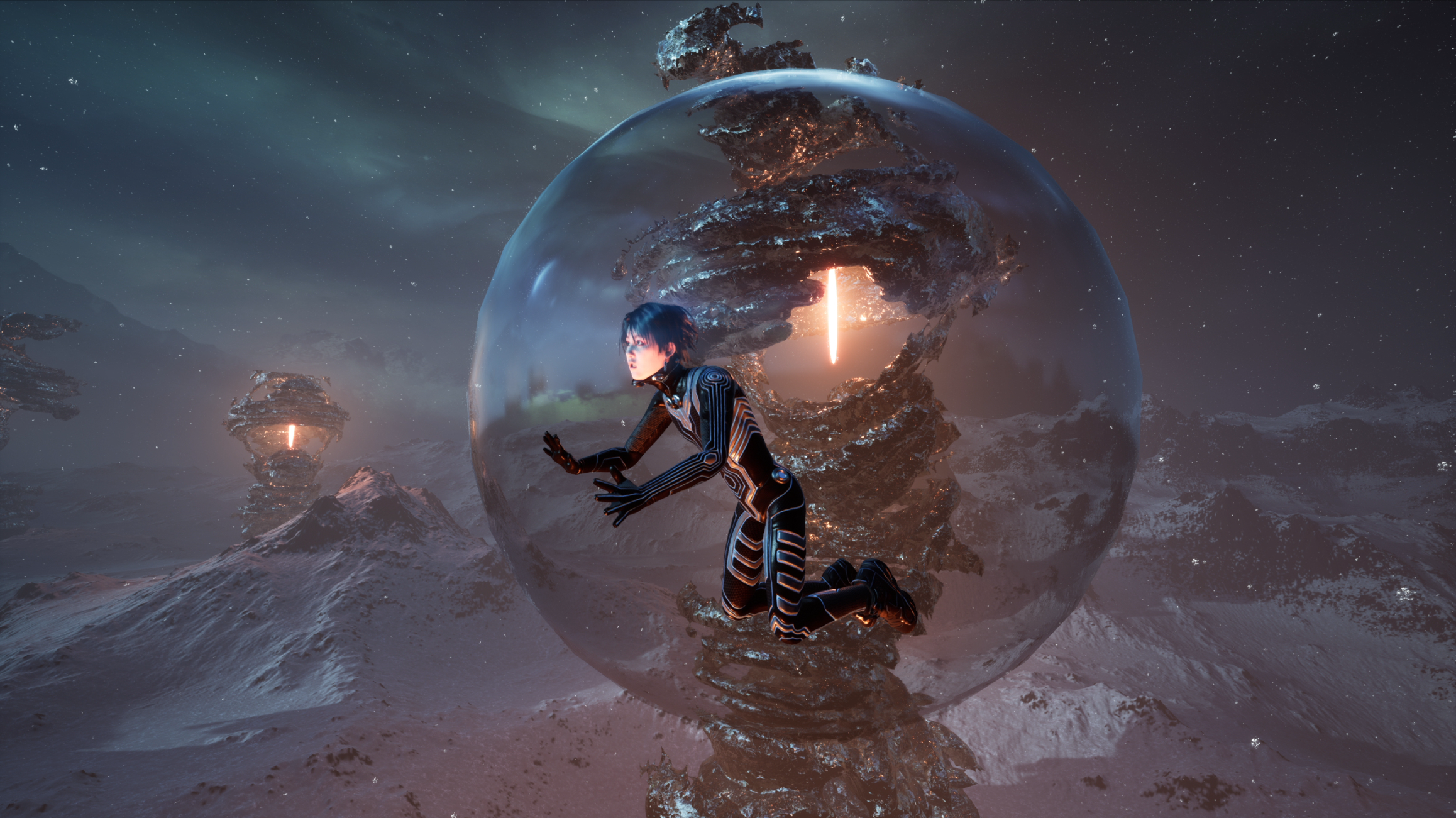 Digital animierte Figur in einer Art großer Seifenblase, die durch eine fantastische Landschaft fliegt