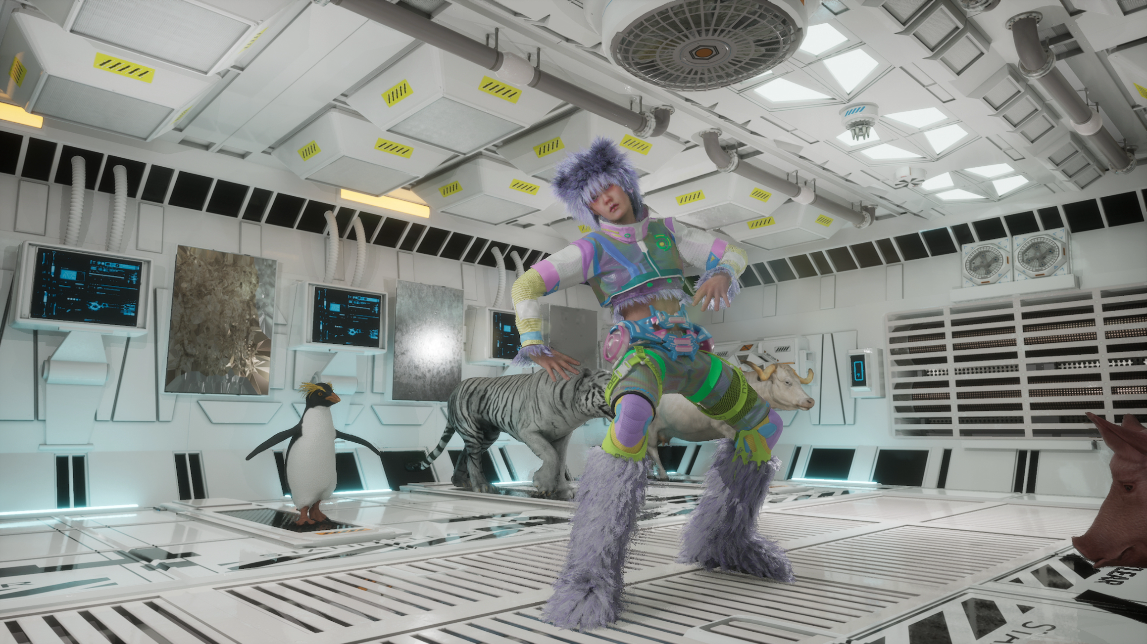 Bunt gekleidete, digital animierte Figur, die in einem Raumschiff tanzt. Im Hintergrund ein Ochse, ein weißer Tiger und ein Pinguin auf Laufbändern
