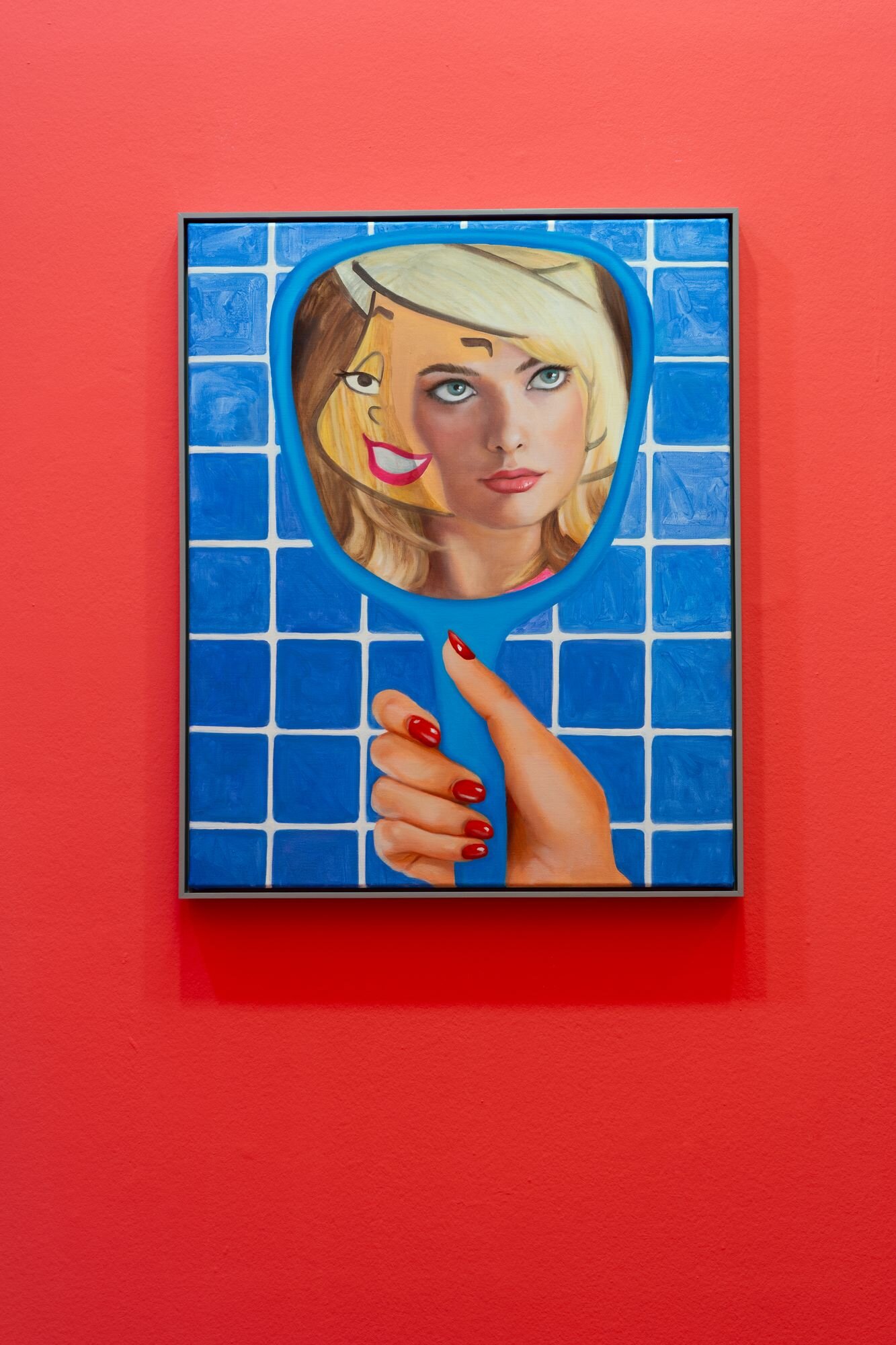 A painting of a hand mirror in front of blue tiles, hanging on a red wall, showing a double female face