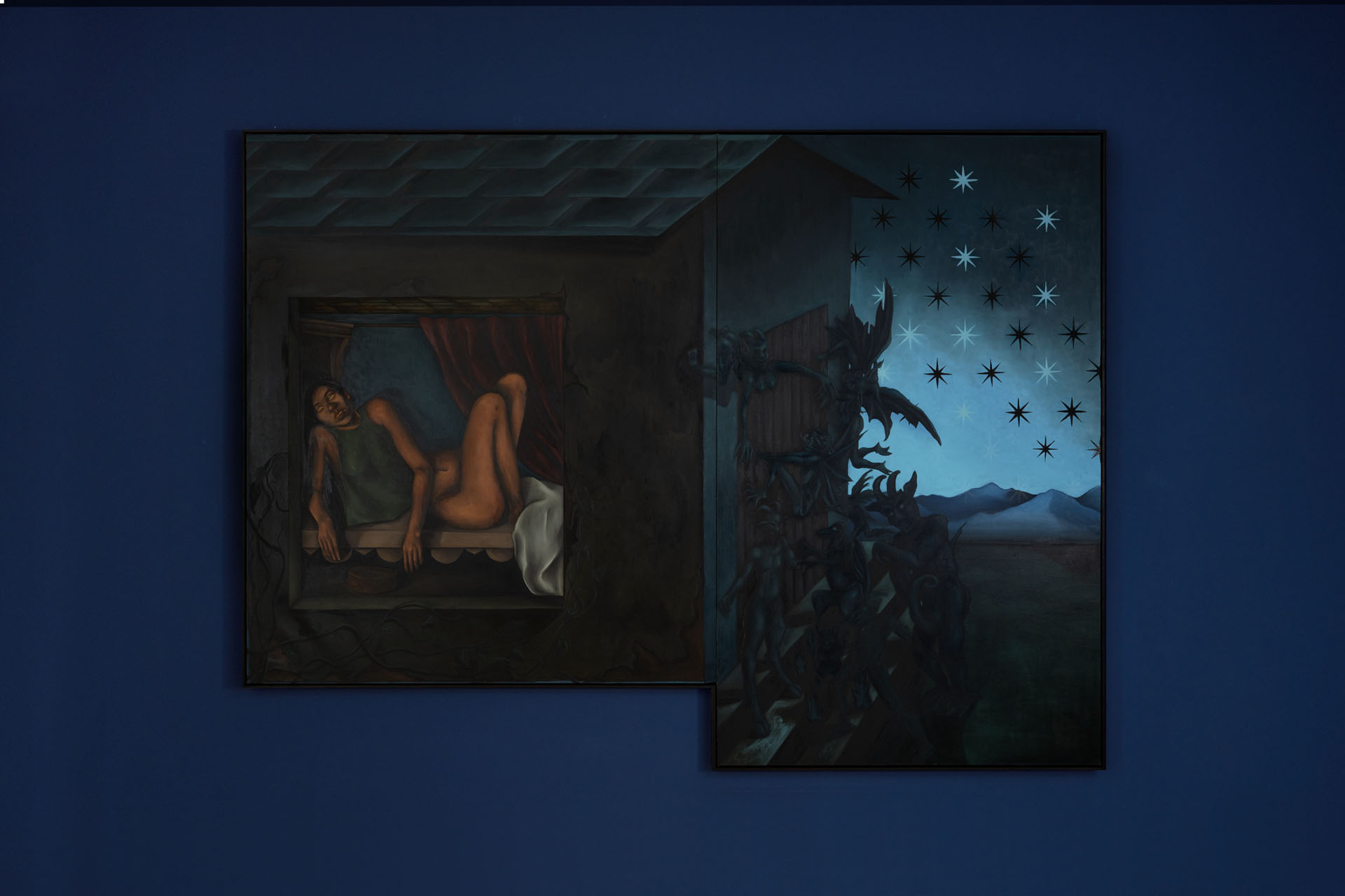 Painting of a sleeping woman in a house with demons at the door