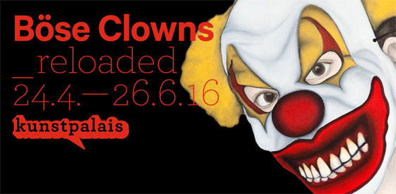 Die Daten der Ausstellung und ein Gemälde von einer Person mit einer Clownsmaske