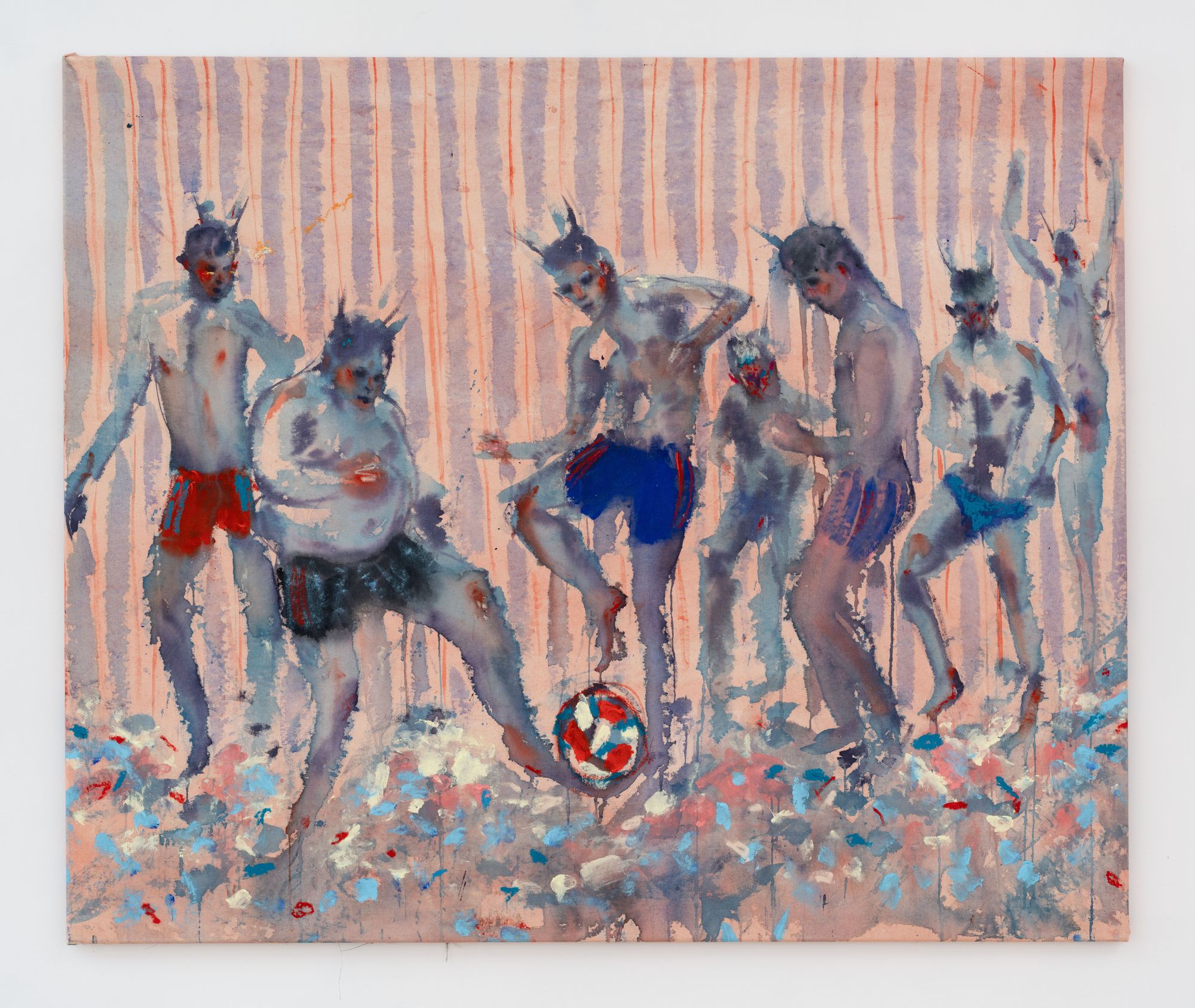Painting of five boys in shorts playing soccer on the beach