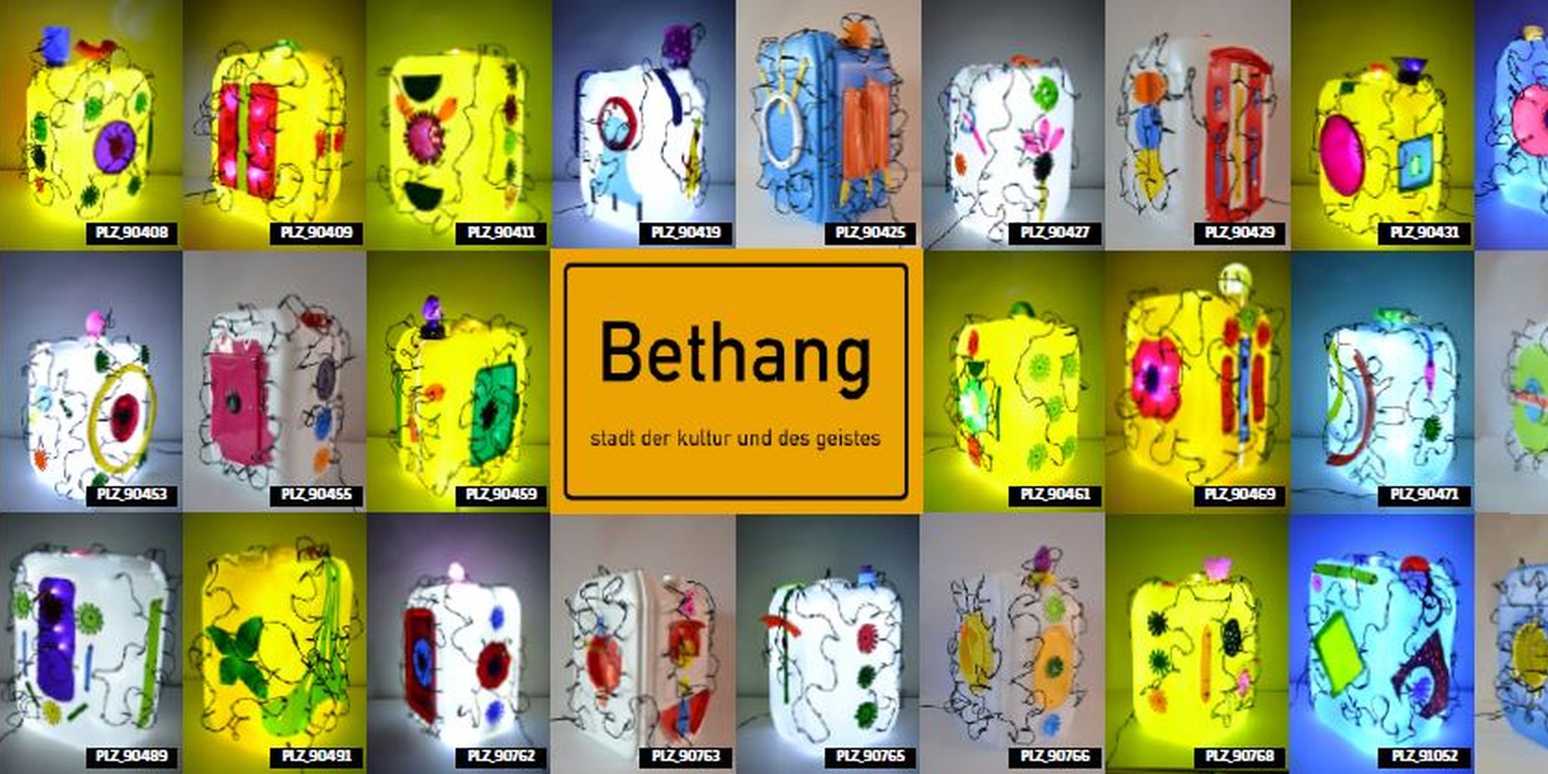 Collage aus vielen kleinen Bildern, in der Mitte Schild mit "Bethang - Stadt der Kultur und des Geistes"