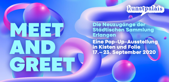 Im Vordergrund die Daten der Ausstellung und im Hintergrund abstrakte blau-pinke Motive.