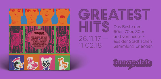 Bild einer Hülle einer Vinylplatte und Daten der Ausstellung auf lila Hintergrund