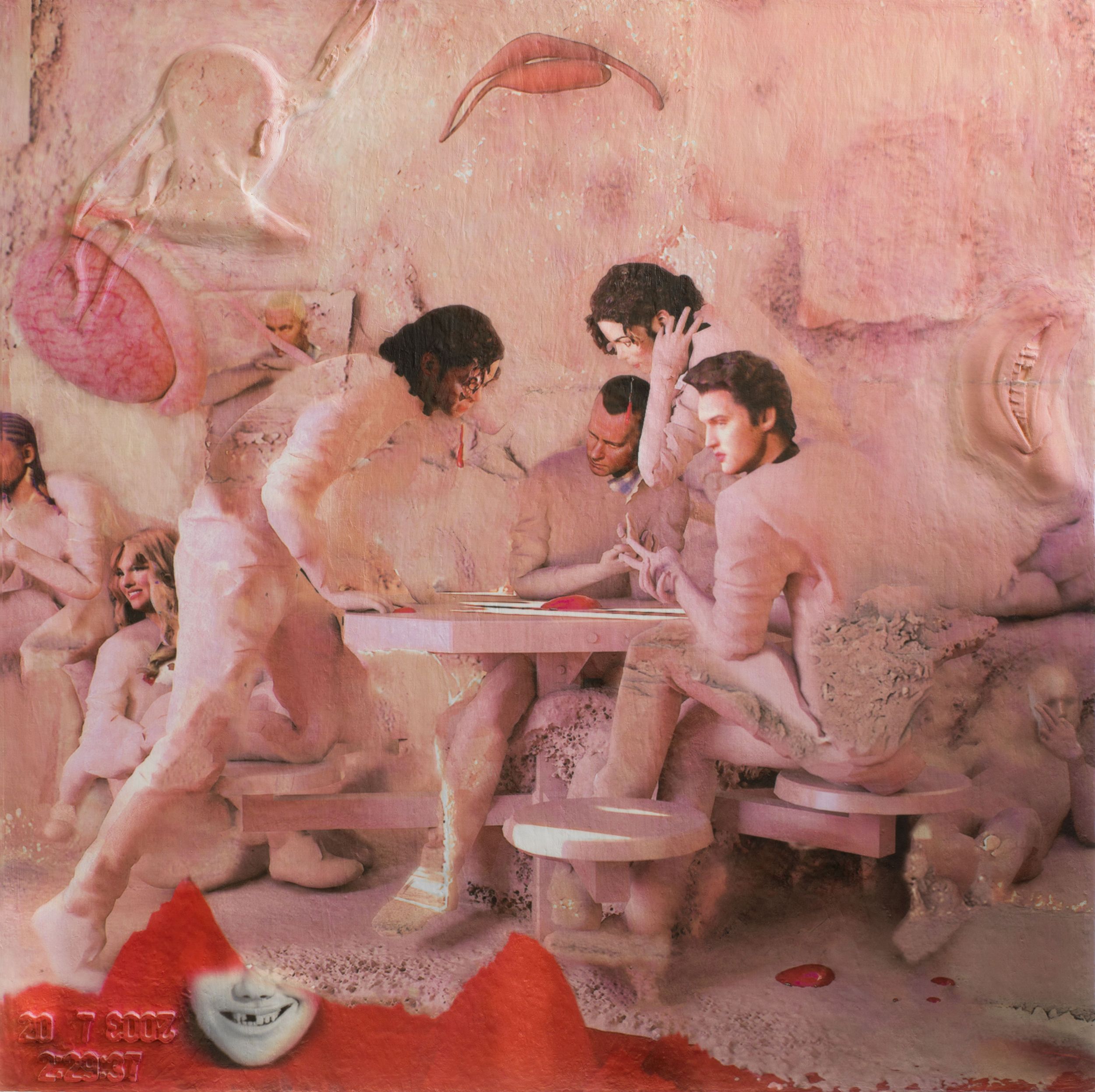 Rosa-pinkes Bild von mehreren Personen an einem Tisch, darunter auch Micheal Jackson.