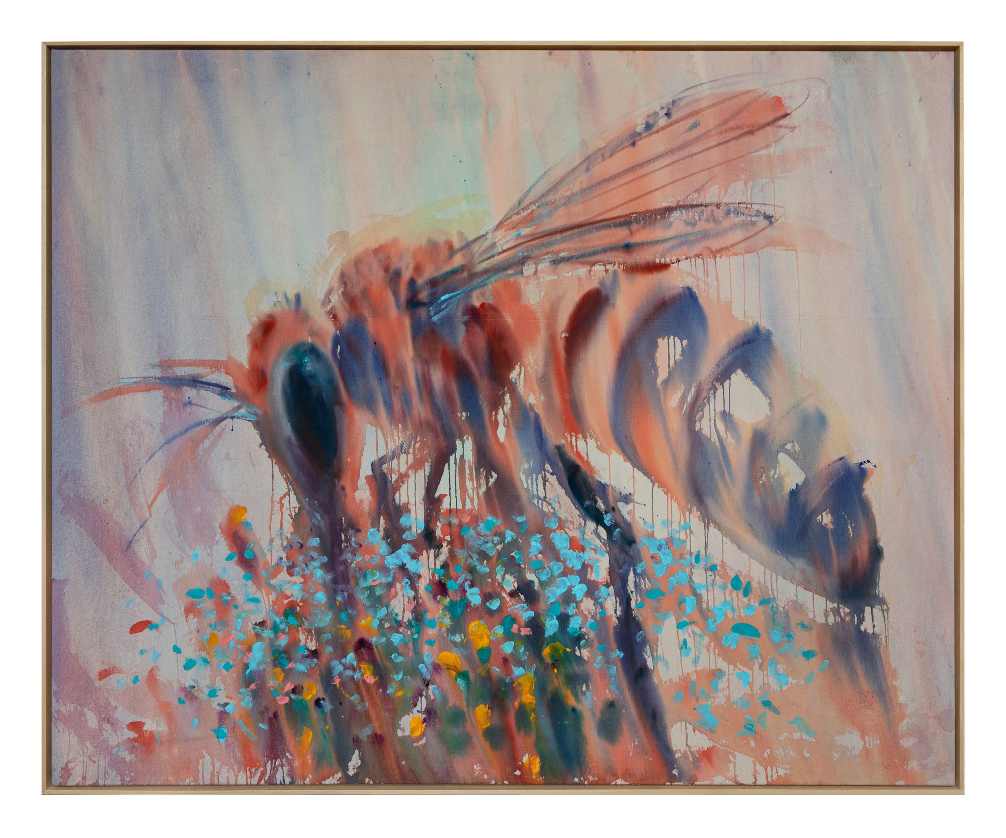 Gemälde von fünf Jungs in kurzen Hosen, die am Strand Fußball spielen