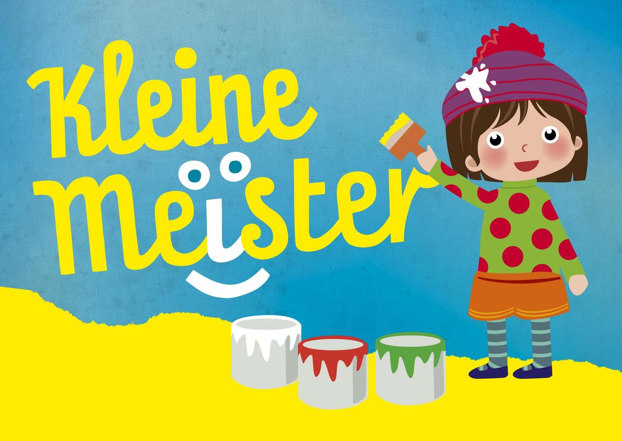 Das Logo der Kleinen Meister zeigt ein bunt gekleidetes Kind mit einem Pinsel in der erhobenen Hand.